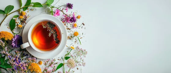 Sierkussen Creative layout made of cup of tea, green tea, black tea, fruit and herbal, tea on white background. © Александр Марченко