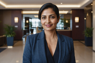 portrait of middle age south asian businesswoman in modern hotel lobby - obrazy, fototapety, plakaty