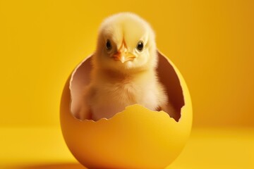 Cute little chick crawling out of a white egg isolated on a studio dark background. Easter - obrazy, fototapety, plakaty