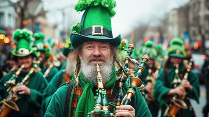 man playing bagpipes, dressed in a bright green outfit, celebrating St. Patrick's Day. He is wearing a green hat with a clover on it - obrazy, fototapety, plakaty