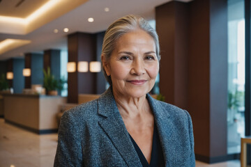 portrait of old age indigenous businesswoman in modern hotel lobby - obrazy, fototapety, plakaty