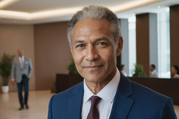 portrait of old age multiracial businessman in modern hotel lobby