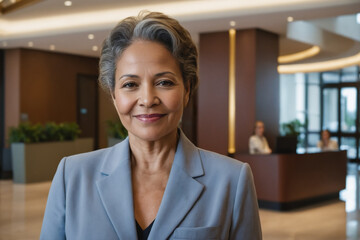 portrait of old age multiracial businesswoman in modern hotel lobby