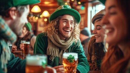 Group of friends celebrating St. Patrick's Day at a pub. Man in the center, wearing a green clover hat, is laughing happily with a beer in his hand.