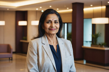 portrait of old age south asian businesswoman in modern hotel lobby