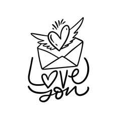 Love you phrase handwritten style black color vector art. Valentine's day lettering text.