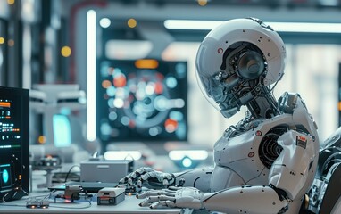 Robotics and AI Integration: A scene depicting the seamless integration of robotics and artificial intelligence in a futuristic environment