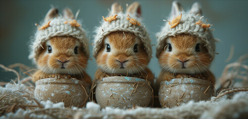 Three cute little rabbits in hats - Easter card