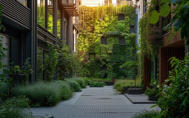 A rewilded urban courtyard with vertical gardens, promoting green green 