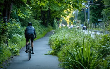 A rewilding project along city bike lanes, creating green corridors for cyclists