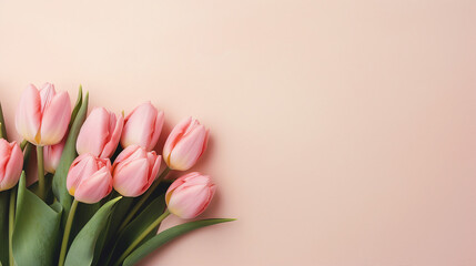 Close-Up Pink Tulips on Beige: Botanical Fine Art Poster with Vibrant Spring Flowers, Delicate Petals, and Soft Background Copy Space for Elegant Decor and Floral Creativity