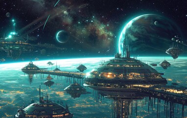 Futuristic Space Station in Earths Center - obrazy, fototapety, plakaty