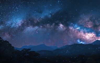 The night sky is filled with numerous twinkling stars and fluffy clouds, creating a beautiful celestial scene.