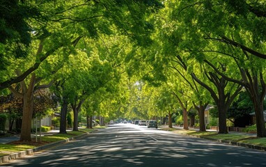 A tranquil street is flanked by a canopy of trees with fresh spring leaves, casting a soft light on the pavement at dawn.