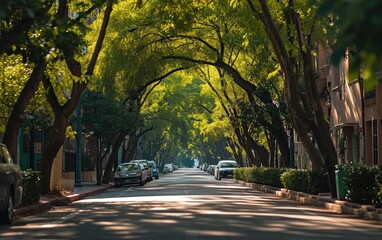 A tranquil street is flanked by a canopy of trees with fresh spring leaves, casting a soft light on the pavement at dawn.