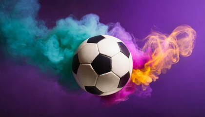 football with colorful smoke isolated on clean purple dark background, space for text