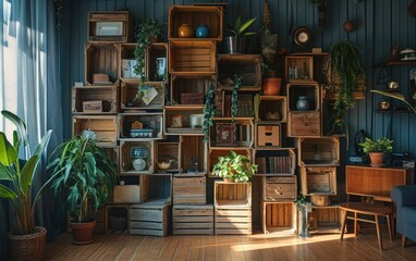 Upcycled old wooden crates turned into shelving units in a rustic living room