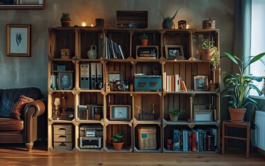 Upcycled old wooden crates turned into shelving units in a rustic living room - obrazy, fototapety, plakaty