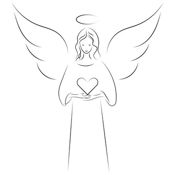 Divine angel with wings holds a heart in hands. Power of Divine Love. Minimalistic Vector Illustration on a transparent background.