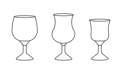 Set of various glasses for alcohol and non alcohol drinks in outline style on white background for icons, posters, patterns, webs, apps, wrapping