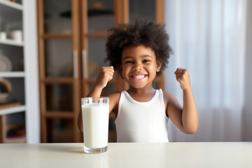Milk, portrait and African girl with muscle from healthy drink for energy, growth and nutrition in the kitchen. Happy, smile and child flexing muscles from calcium in a glass and care for health  - obrazy, fototapety, plakaty