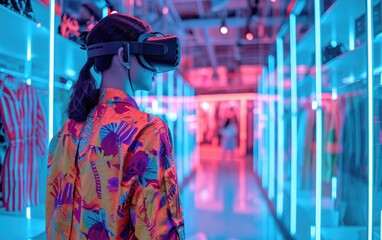 Obraz premium VR Fashion Shopping: A dynamic scene showcasing a person virtually browsing and selecting fashion items in a virtual reality fashion store