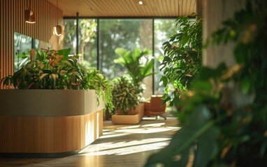 Wellness Clinic Oasis: A wellness clinic with plants, showcasing the compatibility of medical devices with a nature-centric design, fostering a sense of tranquility and healing