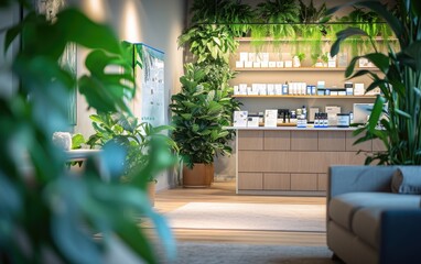 Wellness Clinic Oasis: A wellness clinic with plants, showcasing the compatibility of medical devices with a nature-centric design, fostering a sense of tranquility and healing