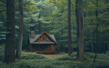 A rustic log cabin hidden among tall trees in the tranquil forest