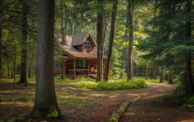 Fototapeta na wymiar A rustic log cabin hidden among tall trees in the tranquil forest