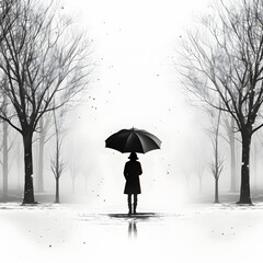 Person holding an umbrella in the rain isolated on white background, simple style, png
