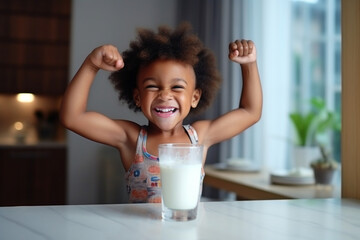 Milk, portrait and African girl with muscle from healthy drink for energy, growth and nutrition in the kitchen. Happy, smile and child flexing muscles from calcium in a glass and care for health  - obrazy, fototapety, plakaty