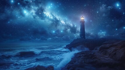 A lone lighthouse standing proudly on a rocky outcrop, guiding ships through the night as waves crash against the rugged shore under a starlit sky