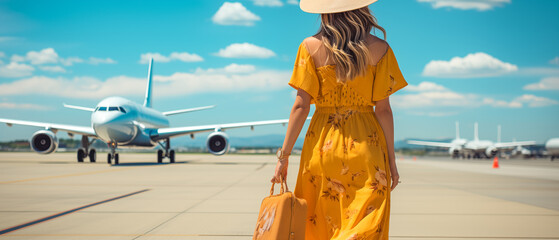 Girl in yellow board at airport with luggage going to plane for boarding. Concept Travel Summer...