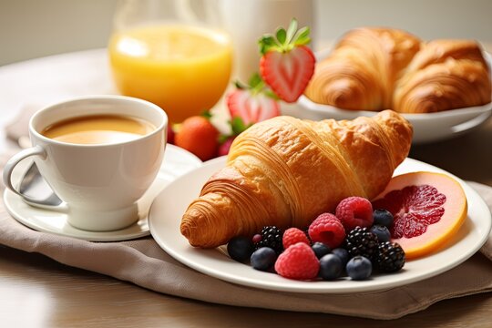 Close-up capture showcasing an artfully arranged continental breakfast, featuring vibrant fresh fruits, delectable pastries, and  steaming cup of coffee