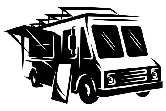 A bus rebuilt as a food truck. Working, advertising look. Displayed poster with menu. Vector monochrome illustration