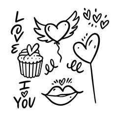 Hand drawn love icons set. Black color doodle elements.