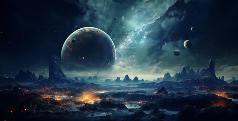 A Universe Of many Beautiful Planets, Fantasy landscape with planet and moon