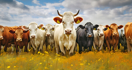 Panorama of cows in a field, ai generated.