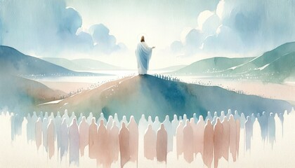 Ministry of Jesus. Silhouette of Jesus standing on top of a mountain and preaching to the crowd. Watercolor painting.	 - obrazy, fototapety, plakaty