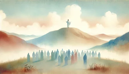 Foto op Plexiglas Ministry of Jesus. Silhouette of Jesus standing on top of a mountain and preaching to the crowd. Watercolor painting.  © Faith Stock