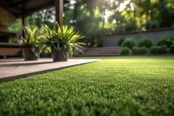 Natural Grass Turfs Rolling Over Inside Residential Backyard. Landscaping Industry Job 