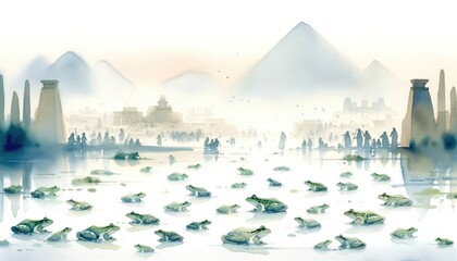 The Plagues of Egypt. Watercolor illustration of frogs covering the land of Egypt. - obrazy, fototapety, plakaty