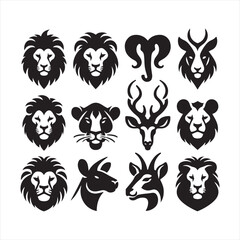 Whiskers of Wilderness: Set of Animal Face Silhouettes Embracing the Whiskers of Wilderness Elegance - Animals Illustration - Safari Vector
