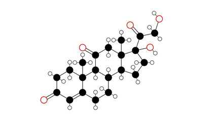 cortisone molecule, structural chemical formula, ball-and-stick model, isolated image steroid hormone