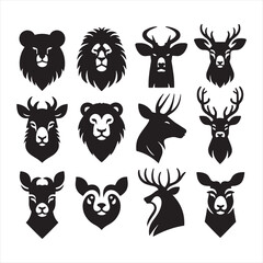 Serene Silhouettes: Set of Animal Face Silhouettes Capturing the Calm and Serenity of Wildlife Portraits - Animals Illustration - Safari Vector

