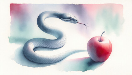 The original sin. Digital painting of an apple and a snake on a white background - obrazy, fototapety, plakaty