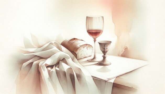 Eucharistic symbols. Lord's supper symbols: chalice of wine, bread on a table. Digital watercolor painting.