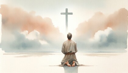 Man kneeling and praying in front of the cross. Digital watercolor painting.