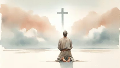 Fotobehang Man kneeling and praying in front of the cross. Digital watercolor painting. © Faith Stock